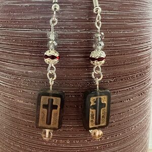 Hand Crafted Black and Gold Vintage Cross Earrings